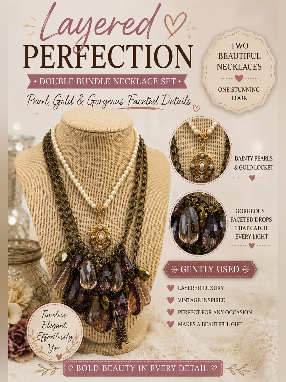 Expensive Double Bundle Layered, Pearl Gold Locket & Gorgeous Faceted Necklace
